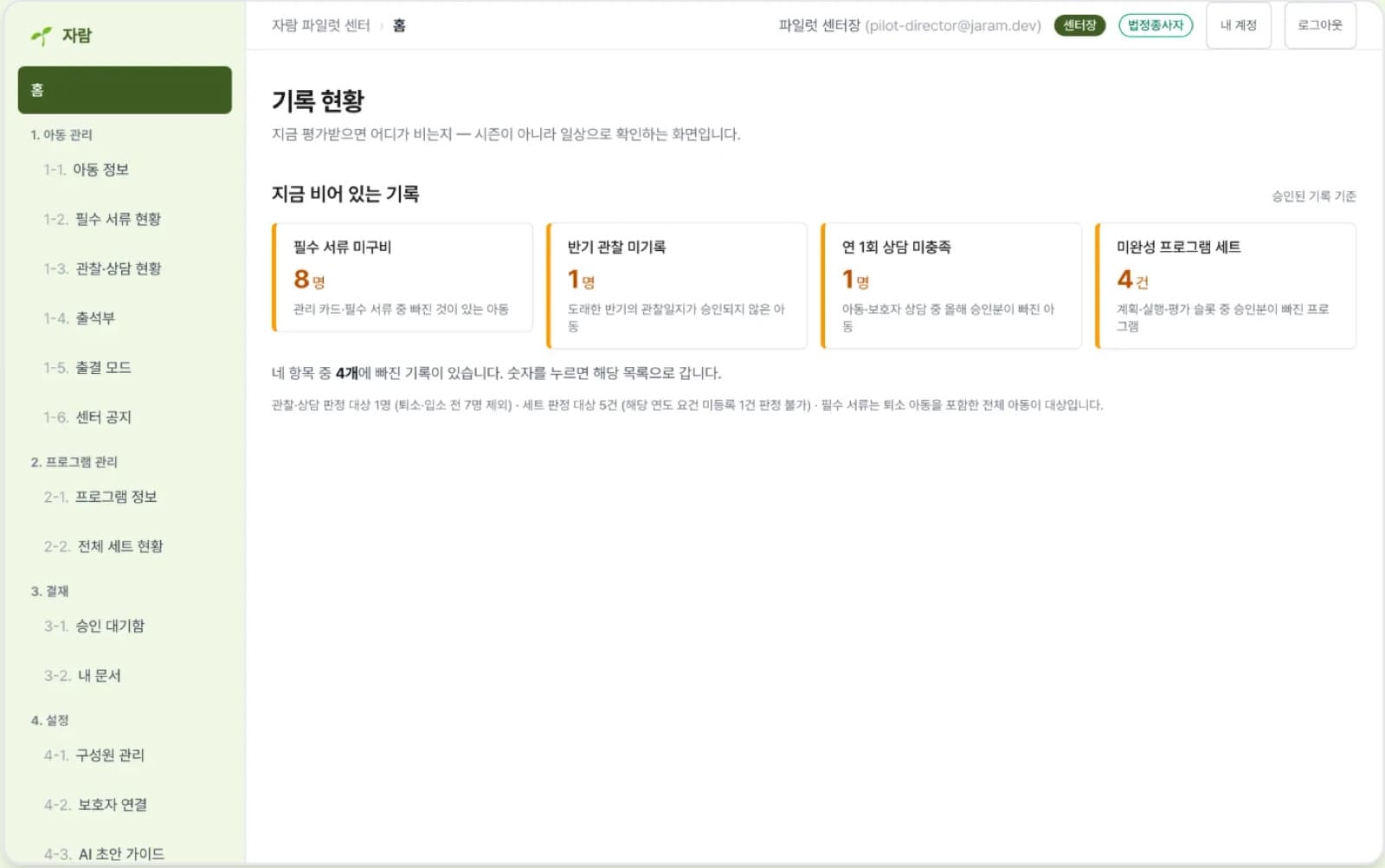 자람 소개 화면 — 지금 비어 있는 기록을 보여 주는 홈 화면(가상 데이터)
