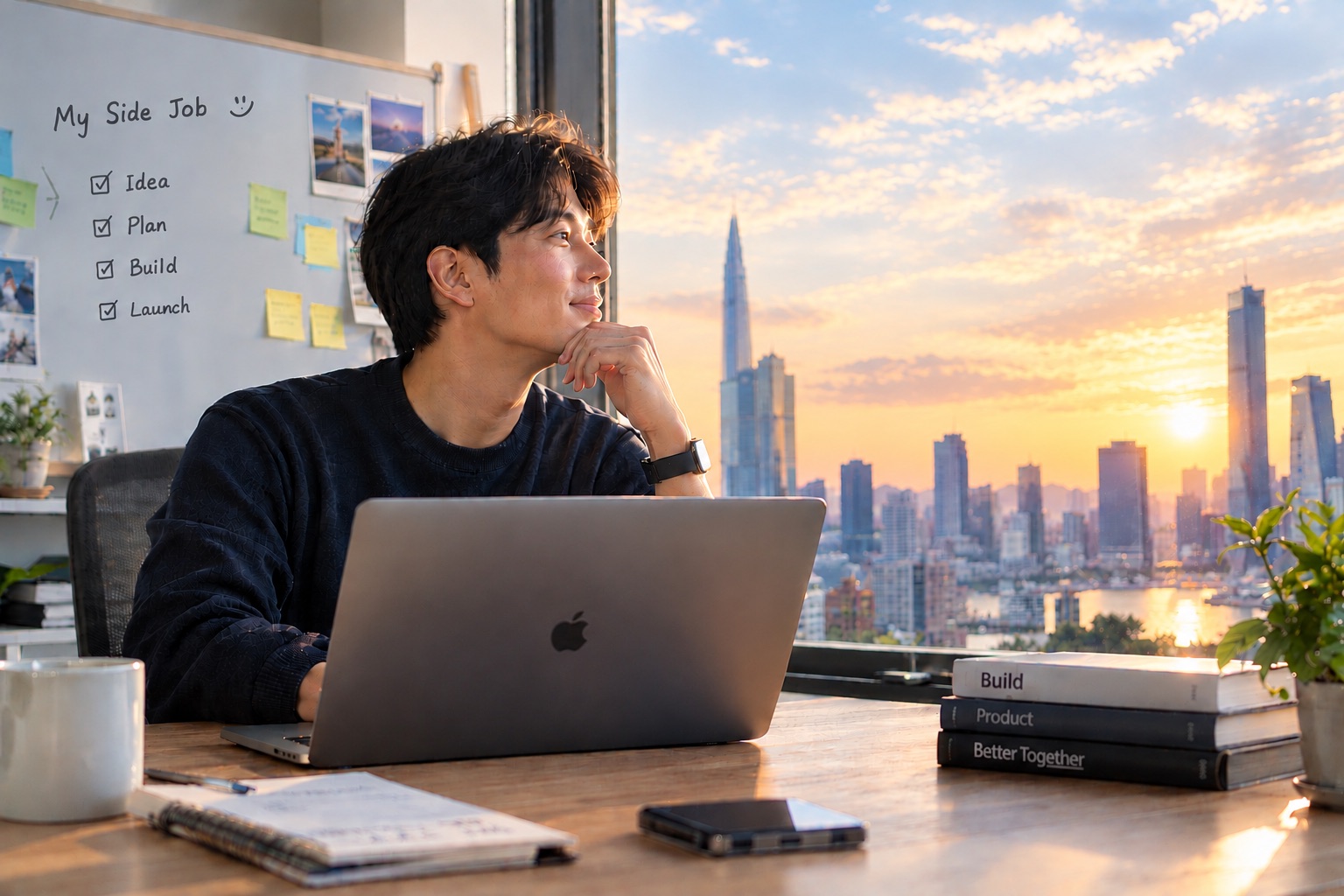 창밖의 노을 진 도시를 바라보며 노트북 앞에서 생각에 잠긴 사람. 화이트보드에 Idea, Plan, Build, Launch가 적혀 있다.